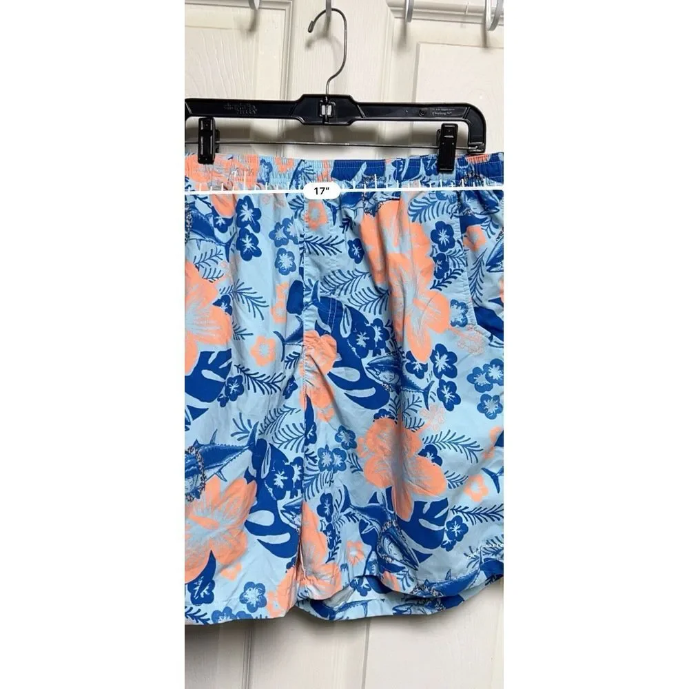 Columbia PFG Mens Large Blue Orange Floral Marlin Swim Trunks‎ Fishing Shorts